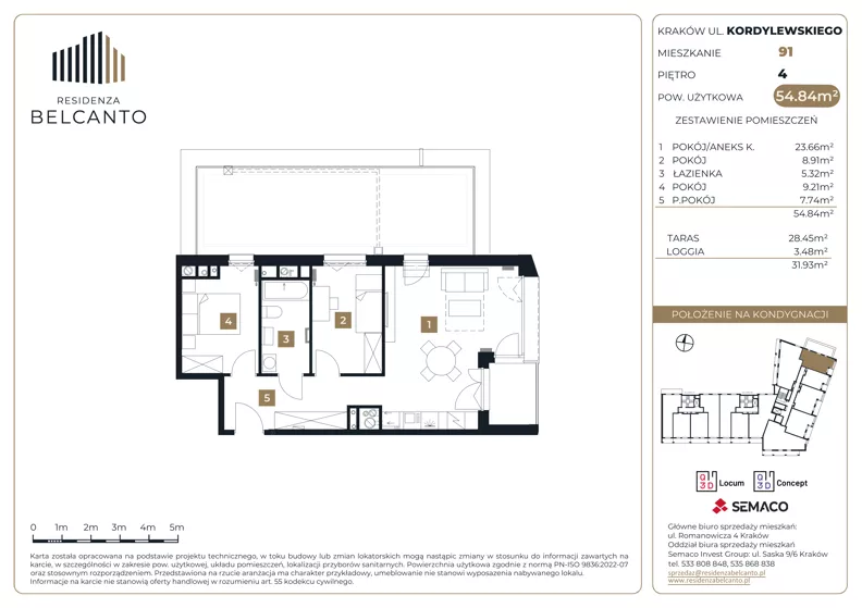 3 pokoje, mieszkanie 54,84 m², piętro 4, oferta nr 1.91, Residenza Belcanto, Kraków, Grzegórzki, ul. Kazimierza Kordylewskiego 3