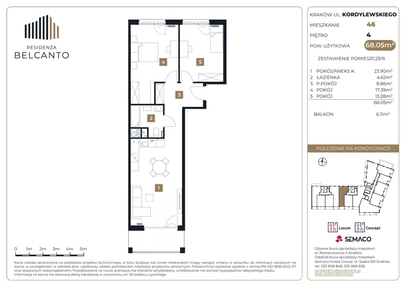 3 pokoje, mieszkanie 68,05 m², piętro 4, oferta nr 1.46, Residenza Belcanto, Kraków, Grzegórzki, ul. Kazimierza Kordylewskiego 3