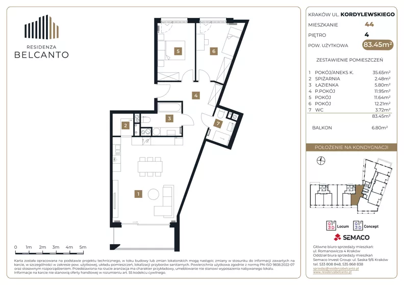 3 pokoje, mieszkanie 83,45 m², piętro 4, oferta nr 1.44, Residenza Belcanto, Kraków, Grzegórzki, ul. Kazimierza Kordylewskiego 3