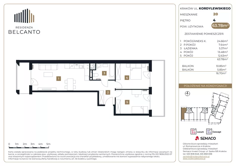3 pokoje, mieszkanie 63,78 m², piętro 4, oferta nr 1.20, Residenza Belcanto, Kraków, Grzegórzki, ul. Kazimierza Kordylewskiego 3
