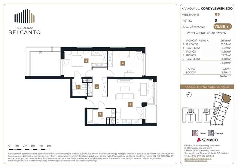 3 pokoje, mieszkanie 75,88 m², piętro 3, oferta nr 1.83, Residenza Belcanto, Kraków, Grzegórzki, ul. Kazimierza Kordylewskiego 3