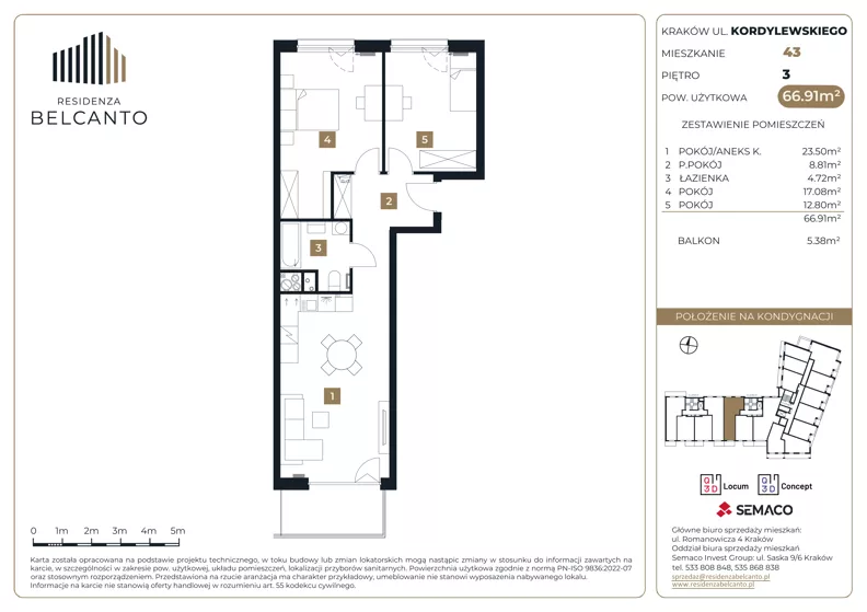 3 pokoje, mieszkanie 66,91 m², piętro 3, oferta nr 1.43, Residenza Belcanto, Kraków, Grzegórzki, ul. Kazimierza Kordylewskiego 3