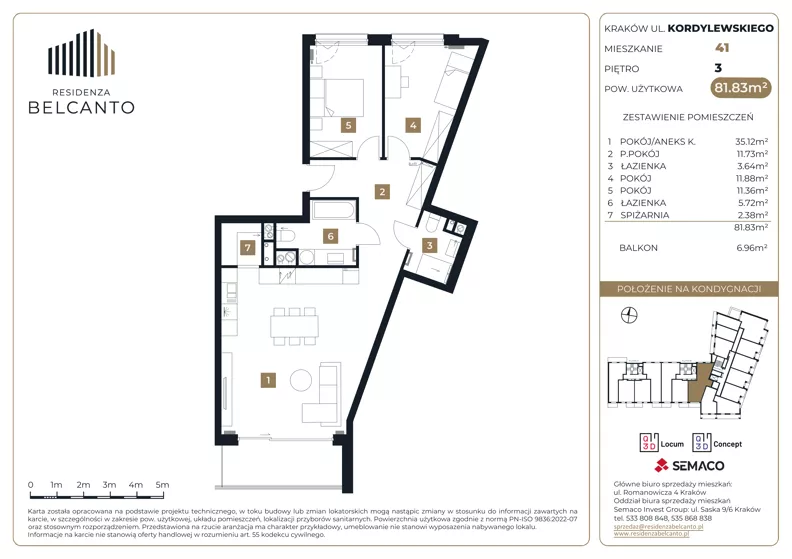 3 pokoje, mieszkanie 81,83 m², piętro 3, oferta nr 1.41, Residenza Belcanto, Kraków, Grzegórzki, ul. Kazimierza Kordylewskiego 3