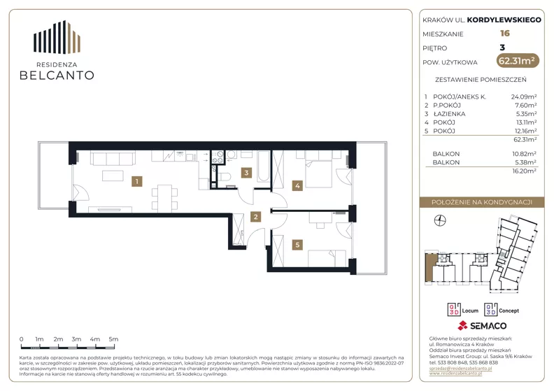 3 pokoje, mieszkanie 62,31 m², piętro 3, oferta nr 1.16, Residenza Belcanto, Kraków, Grzegórzki, ul. Kazimierza Kordylewskiego 3