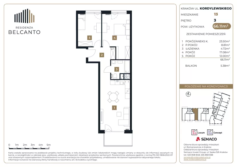 3 pokoje, mieszkanie 66,11 m², piętro 3, oferta nr 1.13, Residenza Belcanto, Kraków, Grzegórzki, ul. Kazimierza Kordylewskiego 3