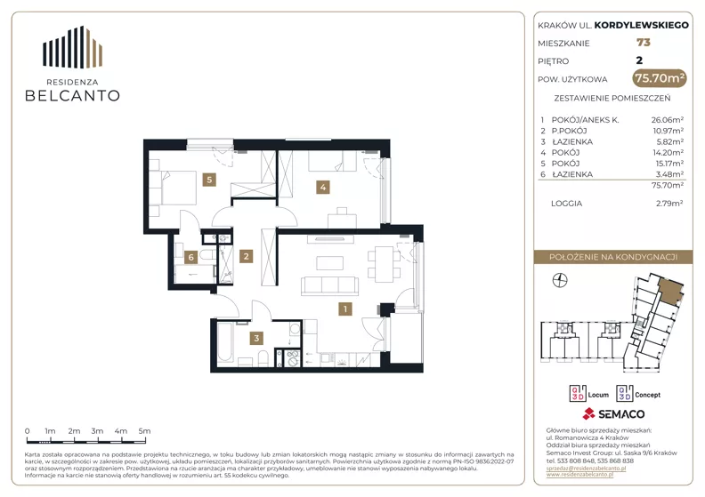 3 pokoje, mieszkanie 75,70 m², piętro 2, oferta nr 1.73, Residenza Belcanto, Kraków, Grzegórzki, ul. Kazimierza Kordylewskiego 3