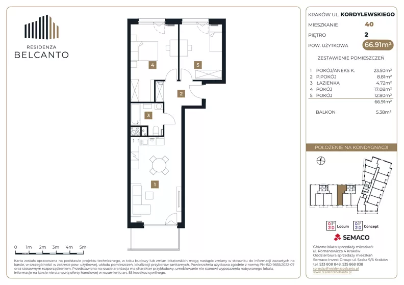 3 pokoje, mieszkanie 66,91 m², piętro 2, oferta nr 1.40, Residenza Belcanto, Kraków, Grzegórzki, ul. Kazimierza Kordylewskiego 3