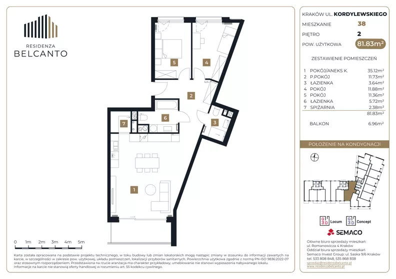 3 pokoje, mieszkanie 81,83 m², piętro 2, oferta nr 1.38, Residenza Belcanto, Kraków, Grzegórzki, ul. Kazimierza Kordylewskiego 3