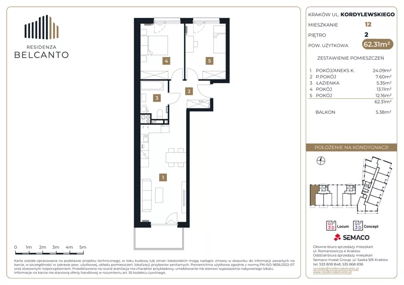 3 pokoje, mieszkanie 62,31 m², piętro 2, oferta nr 1.12, Residenza Belcanto, Kraków, Grzegórzki, ul. Kazimierza Kordylewskiego 3