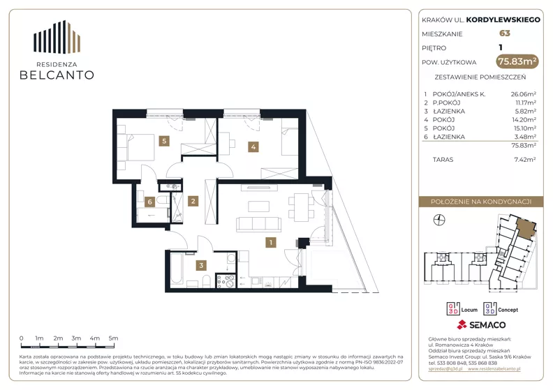 3 pokoje, mieszkanie 75,83 m², piętro 1, oferta nr 1.63, Residenza Belcanto, Kraków, Grzegórzki, ul. Kazimierza Kordylewskiego 3