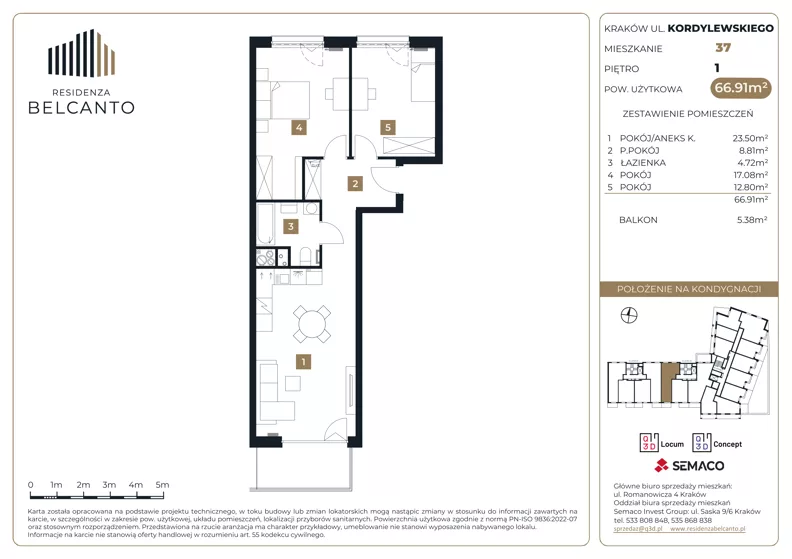 3 pokoje, mieszkanie 66,91 m², piętro 1, oferta nr 1.37, Residenza Belcanto, Kraków, Grzegórzki, ul. Kazimierza Kordylewskiego 3