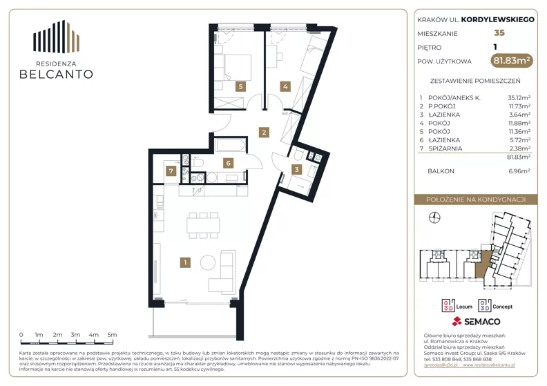 3 pokoje, mieszkanie 81,83 m², piętro 1, oferta nr 1.35, Residenza Belcanto, Kraków, Grzegórzki, ul. Kazimierza Kordylewskiego 3