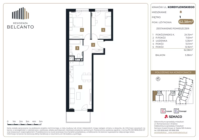 3 pokoje, mieszkanie 62,38 m², piętro 1, oferta nr 1.8, Residenza Belcanto, Kraków, Grzegórzki, ul. Kazimierza Kordylewskiego 3