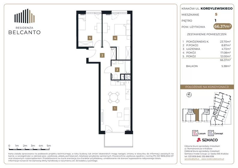 3 pokoje, mieszkanie 66,37 m², piętro 1, oferta nr 1.5, Residenza Belcanto, Kraków, Grzegórzki, ul. Kazimierza Kordylewskiego 3
