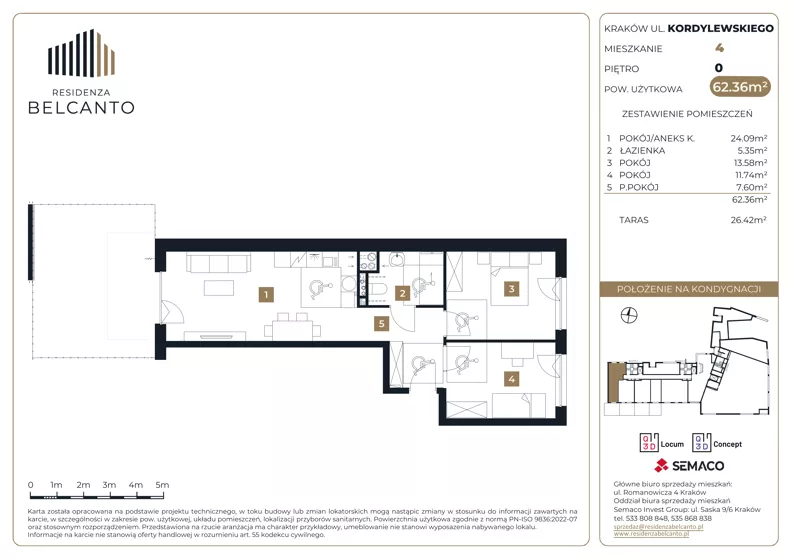 3 pokoje, mieszkanie 62,36 m², parter, oferta nr 1.4, Residenza Belcanto, Kraków, Grzegórzki, ul. Kazimierza Kordylewskiego 3