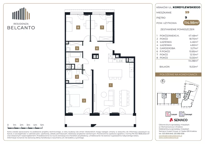4 pokoje, mieszkanie 114,98 m², piętro 9, oferta nr 1.59, Residenza Belcanto, Kraków, Grzegórzki, ul. Kazimierza Kordylewskiego 3