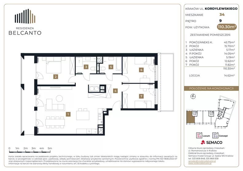 4 pokoje, mieszkanie 110,30 m², piętro 9, oferta nr 1.34, Residenza Belcanto, Kraków, Grzegórzki, ul. Kazimierza Kordylewskiego 3