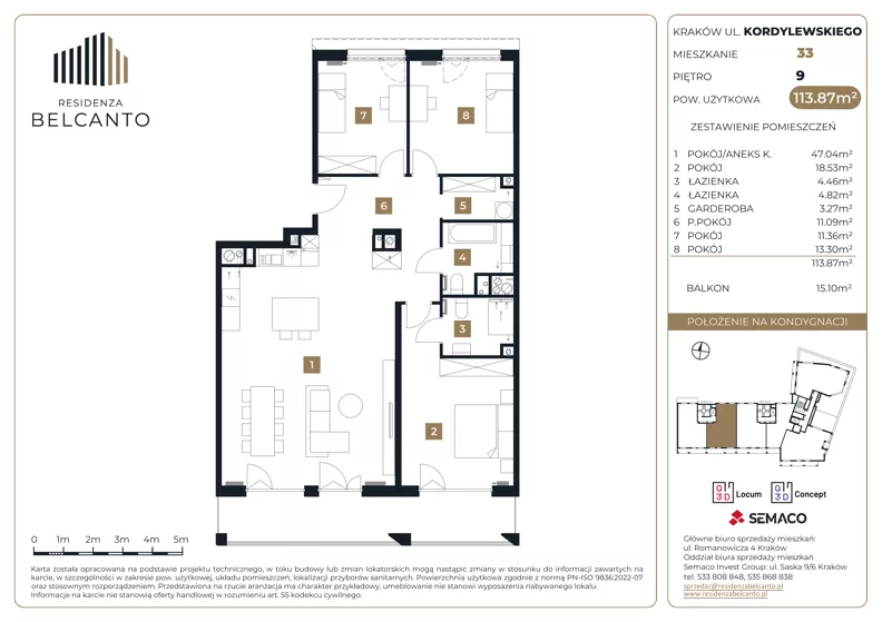 4 pokoje, mieszkanie 113,87 m², piętro 9, oferta nr 1.33, Residenza Belcanto, Kraków, Grzegórzki, ul. Kazimierza Kordylewskiego 3