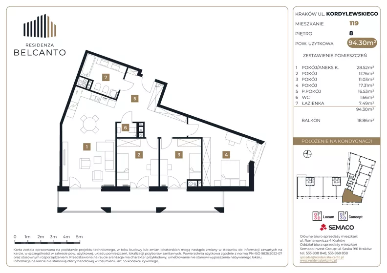 4 pokoje, mieszkanie 94,30 m², piętro 8, oferta nr 1.119, Residenza Belcanto, Kraków, Grzegórzki, ul. Kazimierza Kordylewskiego 3