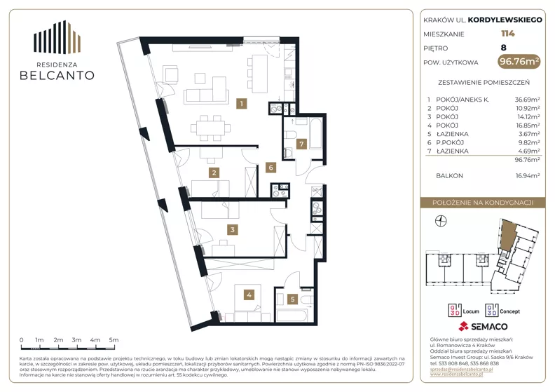 4 pokoje, mieszkanie 96,76 m², piętro 8, oferta nr 1.114, Residenza Belcanto, Kraków, Grzegórzki, ul. Kazimierza Kordylewskiego 3