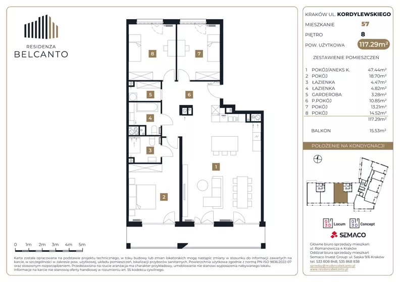 4 pokoje, mieszkanie 117,29 m², piętro 8, oferta nr 1.57, Residenza Belcanto, Kraków, Grzegórzki, ul. Kazimierza Kordylewskiego 3