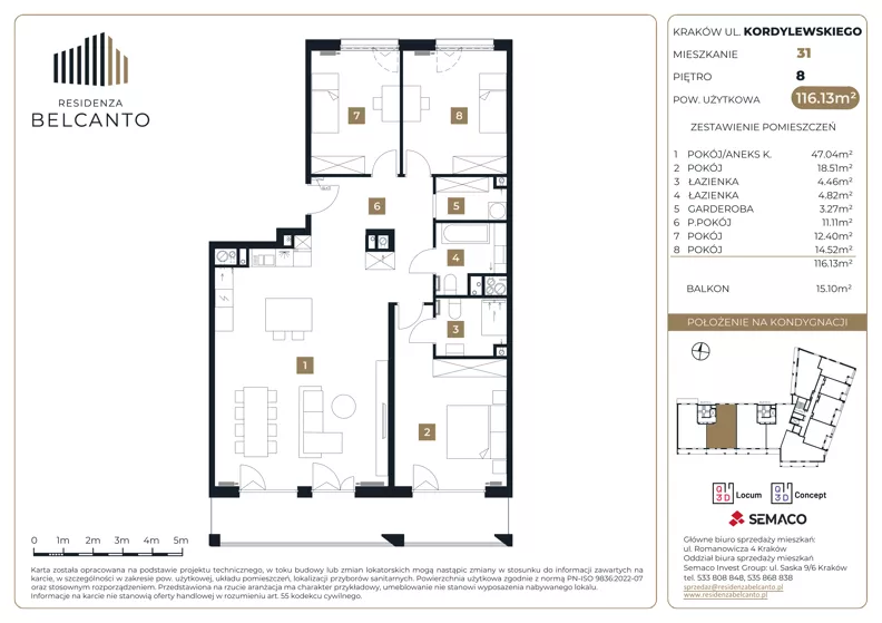 4 pokoje, mieszkanie 116,13 m², piętro 8, oferta nr 1.31, Residenza Belcanto, Kraków, Grzegórzki, ul. Kazimierza Kordylewskiego 3
