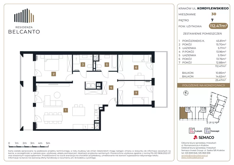 4 pokoje, mieszkanie 112,47 m², piętro 7, oferta nr 1.30, Residenza Belcanto, Kraków, Grzegórzki, ul. Kazimierza Kordylewskiego 3