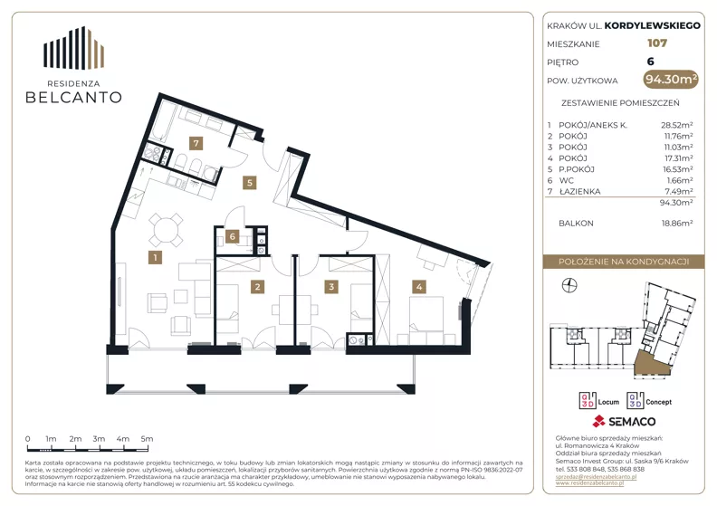 4 pokoje, mieszkanie 94,30 m², piętro 6, oferta nr 1.107, Residenza Belcanto, Kraków, Grzegórzki, ul. Kazimierza Kordylewskiego 3