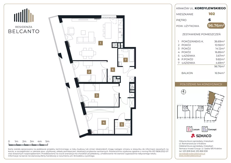 4 pokoje, mieszkanie 96,76 m², piętro 6, oferta nr 1.102, Residenza Belcanto, Kraków, Grzegórzki, ul. Kazimierza Kordylewskiego 3