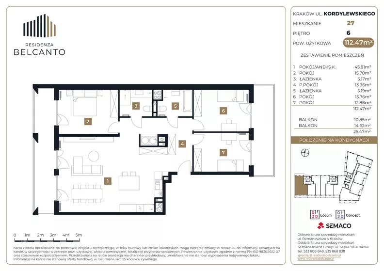 4 pokoje, mieszkanie 112,47 m², piętro 6, oferta nr 1.27, Residenza Belcanto, Kraków, Grzegórzki, ul. Kazimierza Kordylewskiego 3