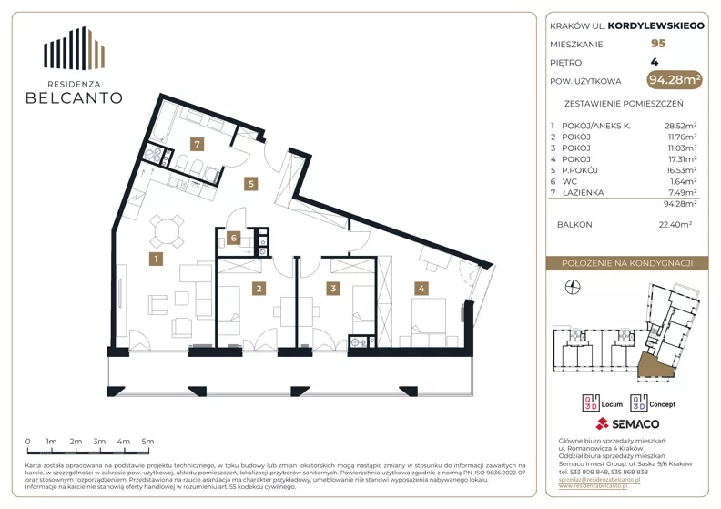 4 pokoje, mieszkanie 94,28 m², piętro 4, oferta nr 1.95, Residenza Belcanto, Kraków, Grzegórzki, ul. Kazimierza Kordylewskiego 3
