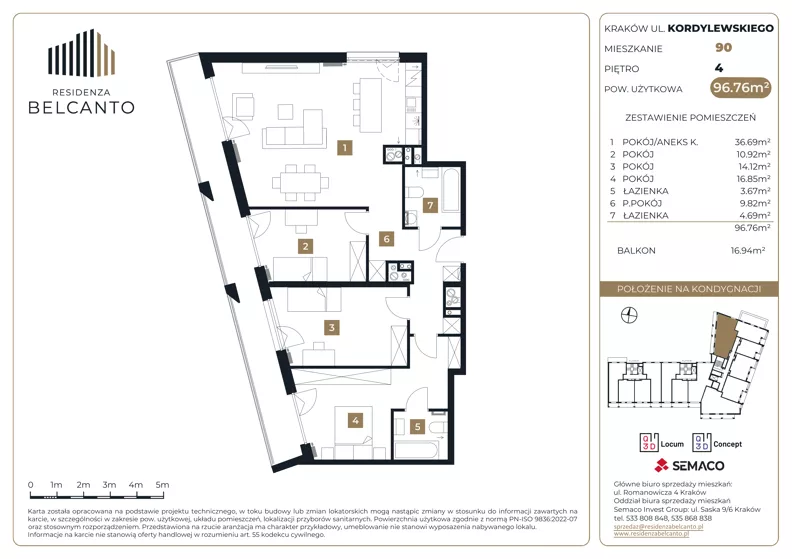 4 pokoje, mieszkanie 96,76 m², piętro 4, oferta nr 1.90, Residenza Belcanto, Kraków, Grzegórzki, ul. Kazimierza Kordylewskiego 3