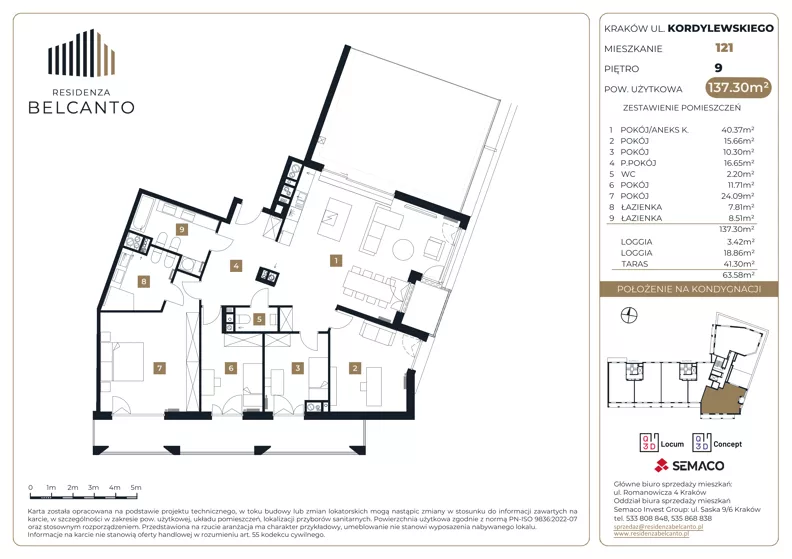5 pokoi, mieszkanie 137,30 m², piętro 9, oferta nr 1.121, Residenza Belcanto, Kraków, Grzegórzki, ul. Kazimierza Kordylewskiego 3