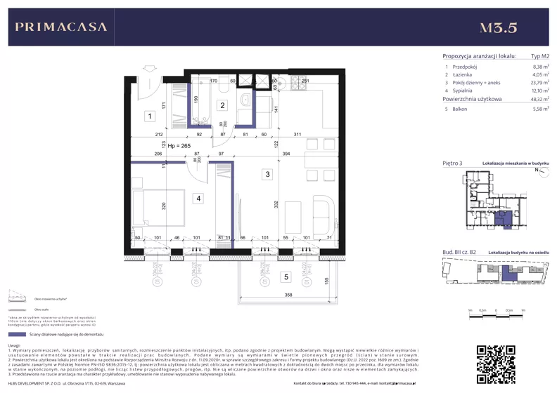 2 pokoje, mieszkanie 48,18 m², piętro 3, oferta nr B2 – M3.5, Primacasa, Piaseczno, ul. Jana Pawła II 11