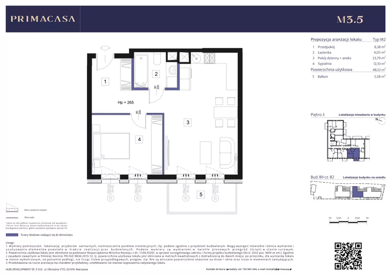 2 pokoje, mieszkanie 48,18 m², piętro 3, oferta nr B2 – M3.5, Primacasa, Piaseczno, ul. Jana Pawła II 11