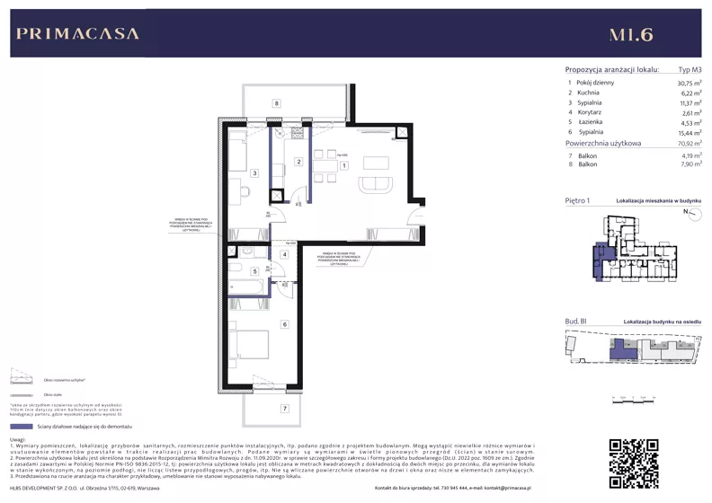 3 pokoje, mieszkanie 70,52 m², piętro 1, oferta nr B1 – M1.6, Primacasa, Piaseczno, ul. Jana Pawła II 11