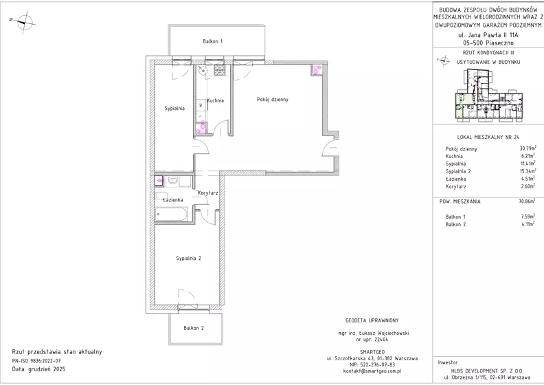 3 pokoje, mieszkanie 70,86 m², piętro 2, oferta nr B1 – M2.6, Primacasa, Piaseczno, ul. Jana Pawła II 11