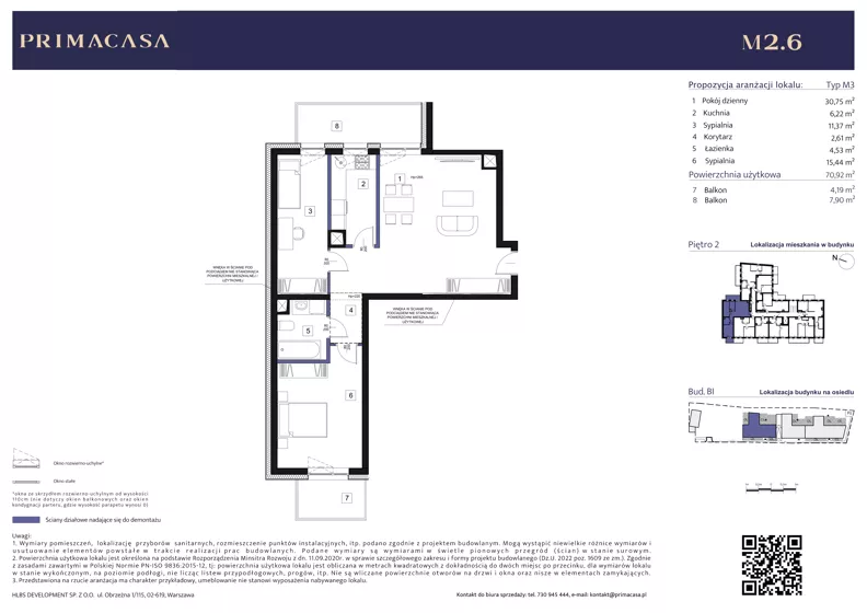 3 pokoje, mieszkanie 70,86 m², piętro 2, oferta nr B1 – M2.6, Primacasa, Piaseczno, ul. Jana Pawła II 11