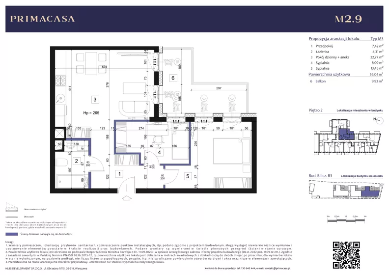 3 pokoje, mieszkanie 56,11 m², piętro 2, oferta nr B3 – M2.9, Primacasa, Piaseczno, ul. Jana Pawła II 11