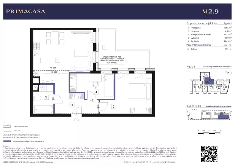 3 pokoje, mieszkanie 56,11 m², piętro 2, oferta nr B3 – M2.9, Primacasa, Piaseczno, ul. Jana Pawła II 11