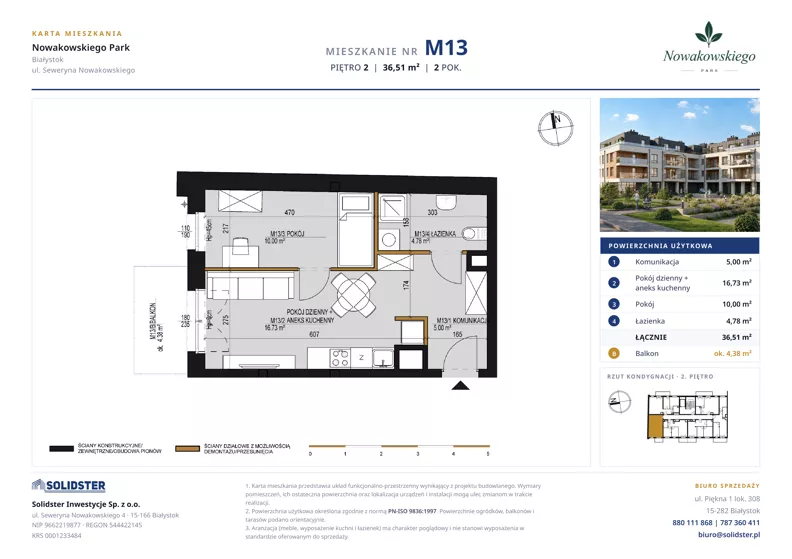 2 pokoje, mieszkanie 36,51 m², piętro 2, oferta nr M13, Nowakowskiego Park, Białystok, Wygoda, Bagnówka, Seweryna Nowakowskiego 4