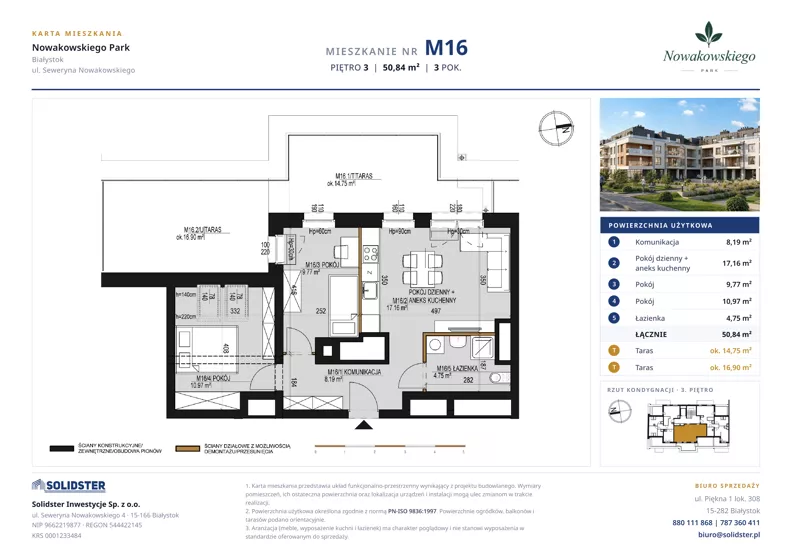 3 pokoje, mieszkanie 50,84 m², piętro 3, oferta nr M16, Nowakowskiego Park, Białystok, Wygoda, Bagnówka, Seweryna Nowakowskiego 4