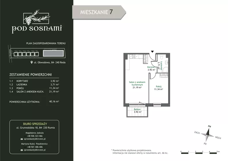 2 pokoje, mieszkanie 40,16 m², piętro 1, oferta nr 7, Pod Sosnami, Reda, Centrum, ul. Obwodowa 8
