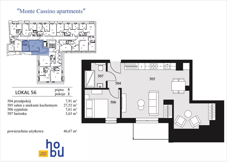 2 pokoje, apartament 46,67 m², piętro 5, oferta nr 56, Monte Cassino Apartments, Świnoujście, Śródmieście, ul. Monte Cassino 7