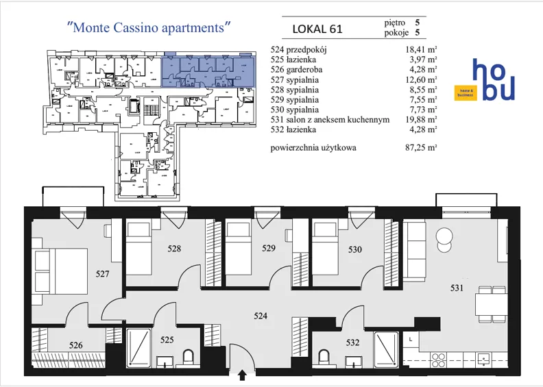 5 pokoi, mieszkanie 87,25 m², piętro 5, oferta nr 61, Monte Cassino Apartments, Świnoujście, Śródmieście, ul. Monte Cassino 7