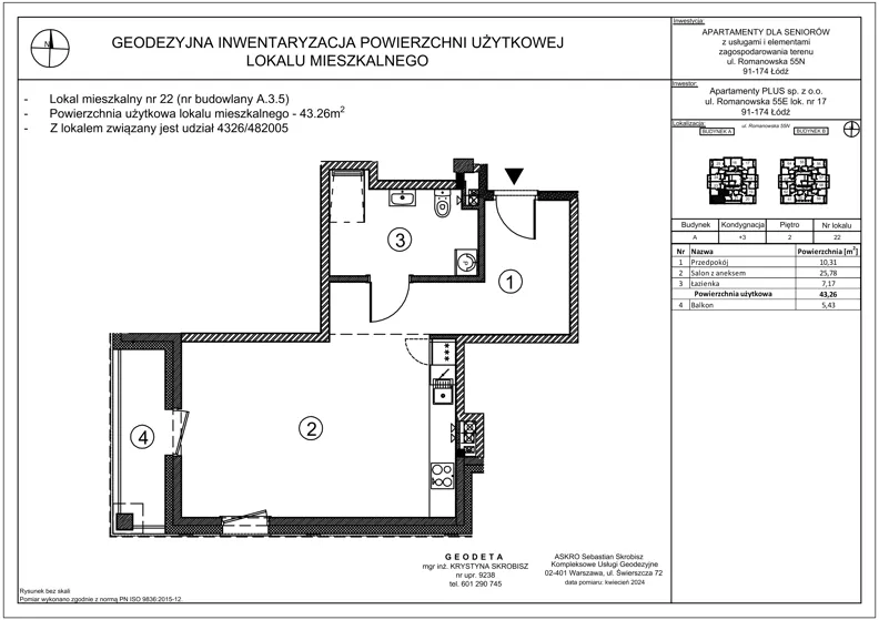 1 pokój, mieszkanie 43,26 m², piętro 2, oferta nr A.3.5, Ostoja Seniora, Łódź, Bałuty, ul. Romanowska 55 N