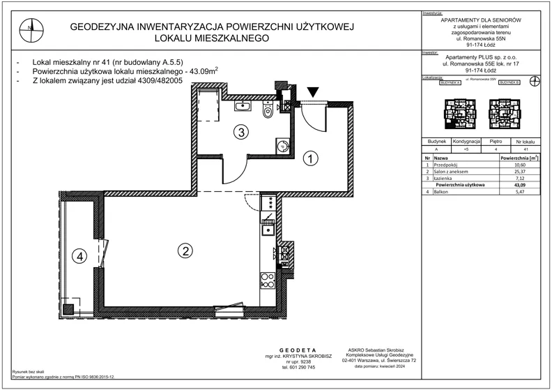 1 pokój, mieszkanie 43,09 m², piętro 4, oferta nr A.5.5, Ostoja Seniora, Łódź, Bałuty, ul. Romanowska 55 N