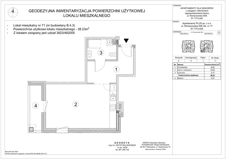 1 pokój, mieszkanie 38,23 m², piętro 3, oferta nr B.4.3, Ostoja Seniora, Łódź, Bałuty, ul. Romanowska 55 N