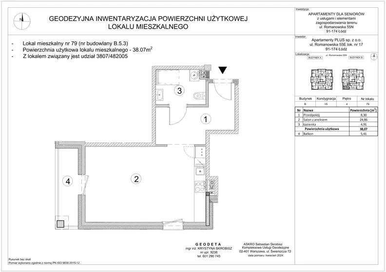 1 pokój, mieszkanie 38,07 m², piętro 4, oferta nr B.5.3, Ostoja Seniora, Łódź, Bałuty, ul. Romanowska 55 N
