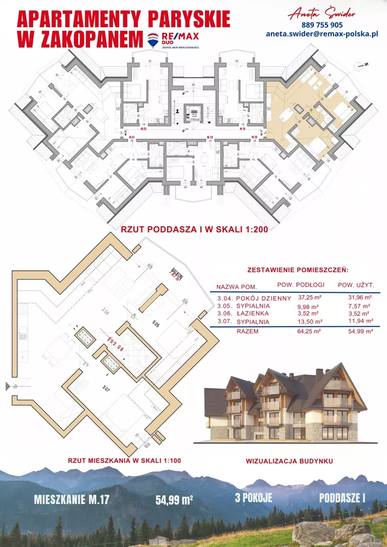 3 pokoje, apartament 54,99 m², piętro 2, oferta nr M.17, Apartamenty Paryskie, Zakopane, Pardałówka, ul. Paryskich 17A